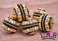 Intricate Boho Beads Handmade with Crystals - 2 piece set - 26mm Black & Gold - RSF108